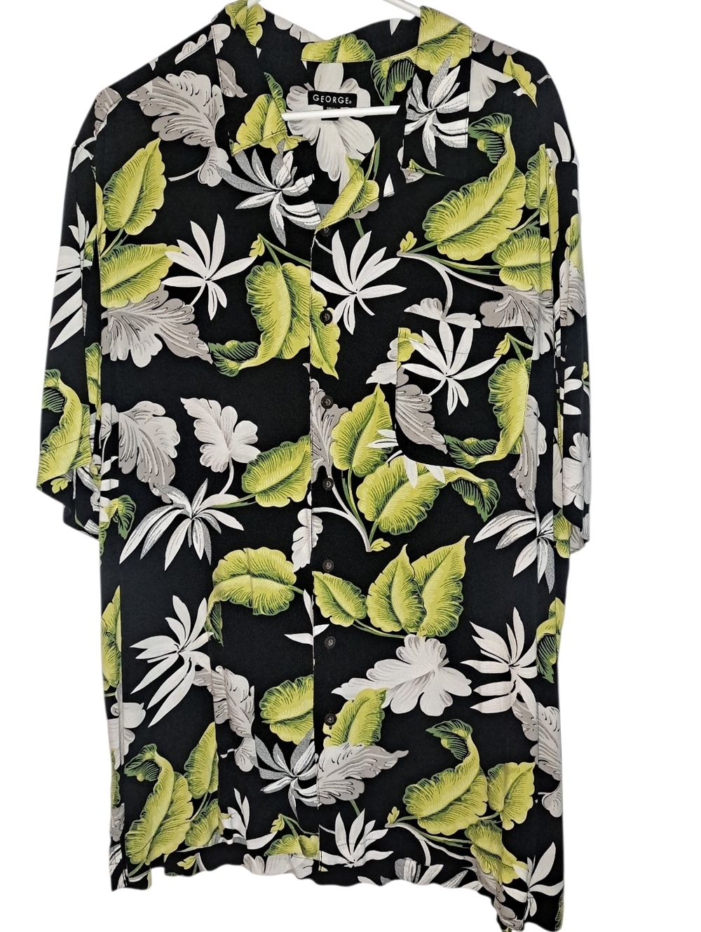 George Men's Hawaiian Shirt with Lime Green and White Tropical Leaves